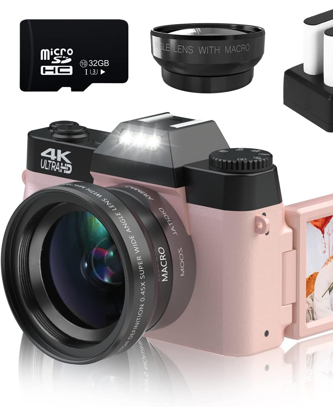 71JfxR92onL._AC_SL1500_ VETEK Digital Cameras for Photography, 4K 48MP Vlogging Camera 16X Digital Zoom Manual Focus Students Compact Camera with 52mm Wide-Angle Lens & Macro Lens, 32G Micro Card and 2 Batteries (Pink)